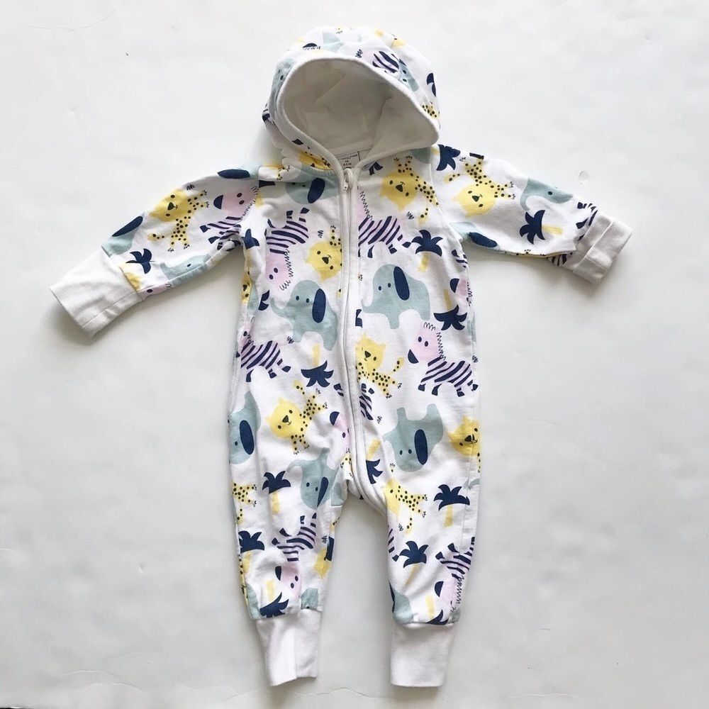 Polarn O. Pyret zoo print hooded jumpsuit GUC 4-6m